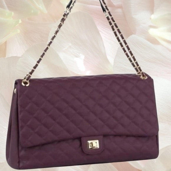 Quilted Luggage Tote W/Chain Strap, Plum & Gold-tone Hardware, Turn lock - Picture 12 of 12